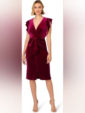 Adrianna Papell Velvet Midi Dress in Burgundy